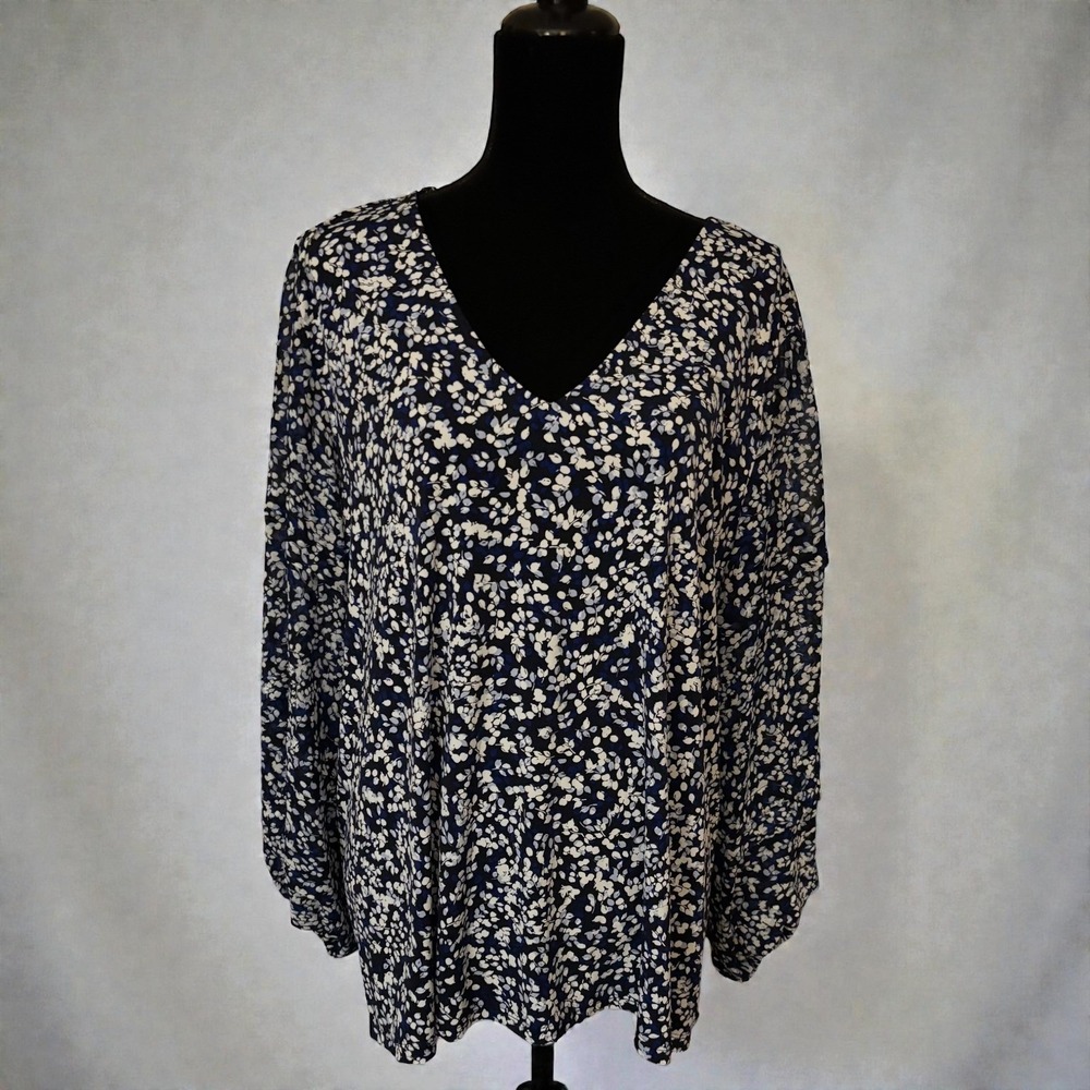 Calvin Klein Navy and White Floral V-Neck Long Sleeve Blouse